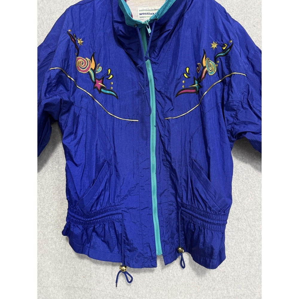 Vtg Westbound Jacket Womens Large Blue Embroidered Windbreaker Ruffle Stars